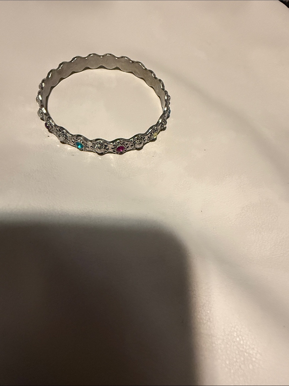 Gemmy Silver-Tone Floral Bangle with Blue and Pink Stones